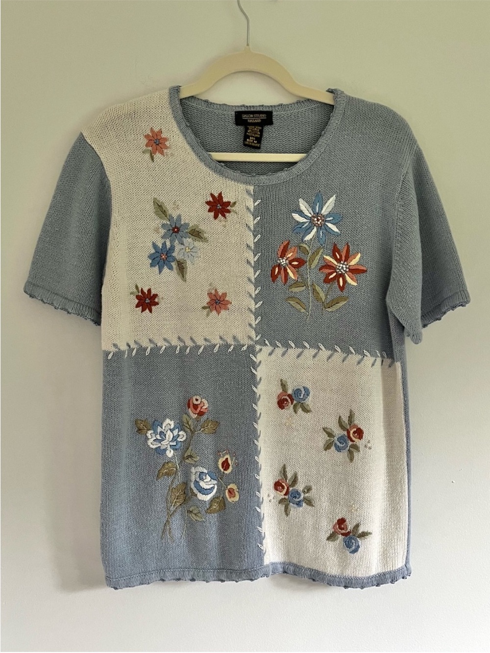 Vintage Haband Cottagecore Grandma Blue Cream Embroidered Floral Knit Cotton Top